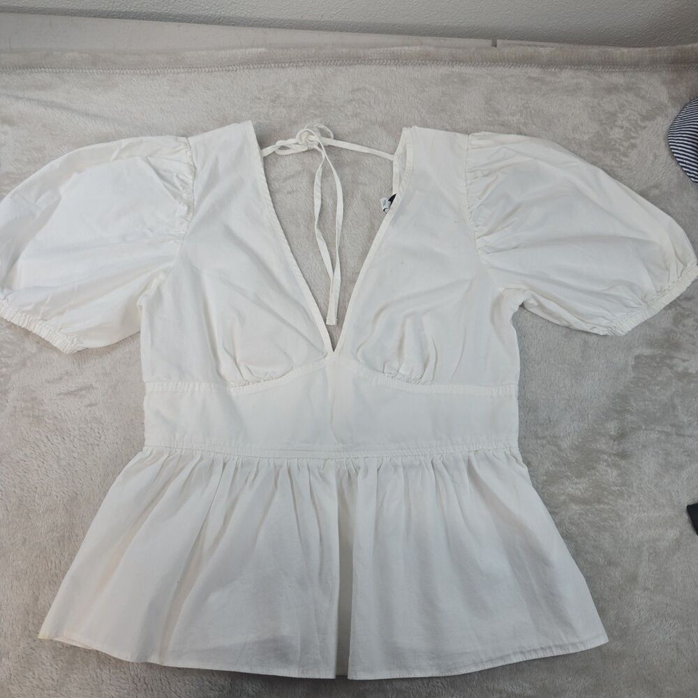 Topshop Cottagecore Coquette White Cotton Peplum Blouse w/ Puff Sleeves Size 6